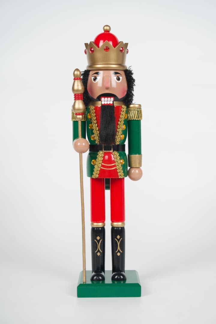 Maple King brown-skin nutcracker with gold crown, curly hair, and full beard in a red and green coat