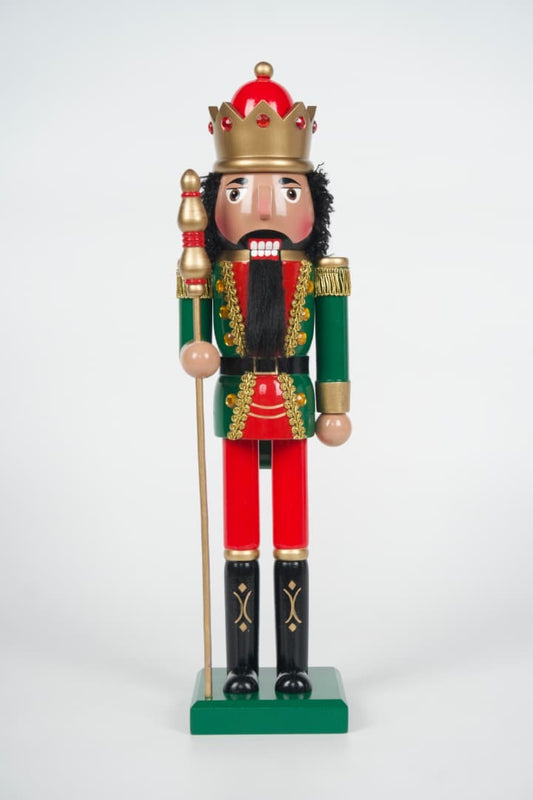 Maple King brown-skin nutcracker with gold crown, curly hair, and full beard in a red and green coat