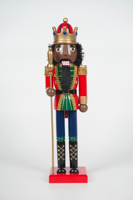 Mahogany King Black nutcracker with gold crown, scepter, curly hair, and beard in a red and green coat