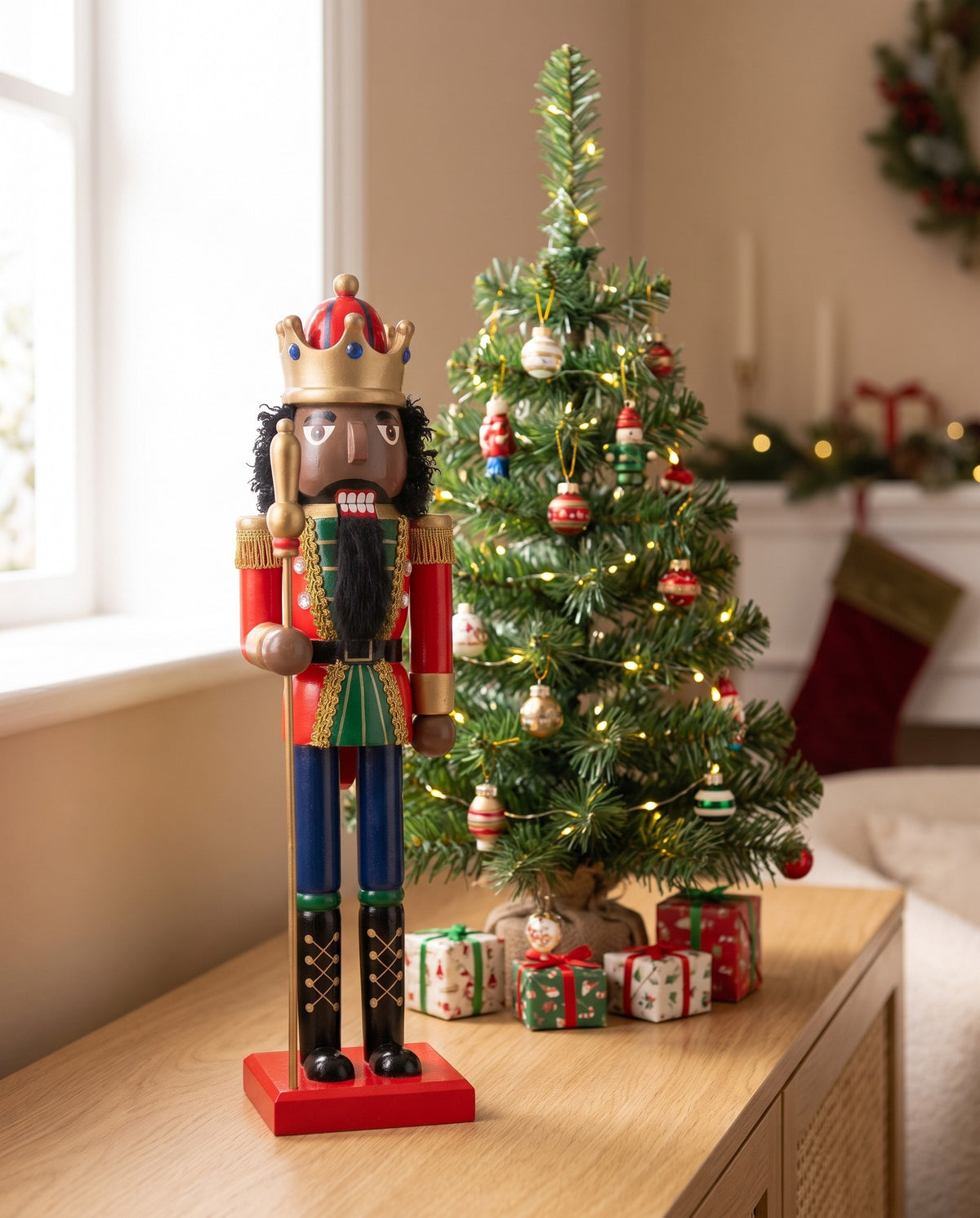 Mahogany King Black nutcracker standing beside a decorated Christmas tree